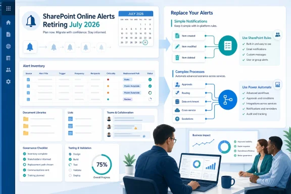 Infographic announcing SharePoint Online Alerts retiring July 2026, with migration plans, workflows, and team collaboration. Infographic announcing SharePoint Online Alerts retiring July 2026, with migration plans, workflows, and team collaboration.