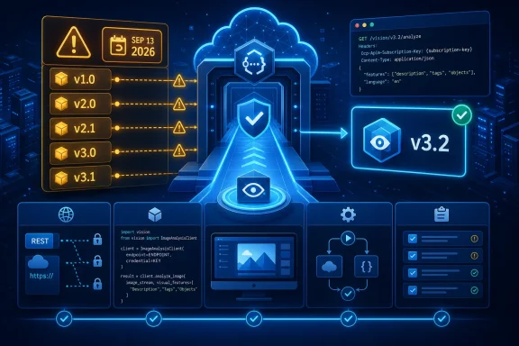 Neon infographic showing Azure Vision API migration from deprecated versions to v3.2 with secure cloud processing. Neon infographic showing Azure Vision API migration from deprecated versions to v3.2 with secure cloud processing.