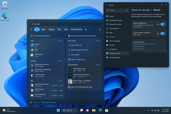 Windows 11 desktop showing search results for “photo” alongside Privacy & security search settings. Windows 11 desktop showing search results for “photo” alongside Privacy & security search settings.