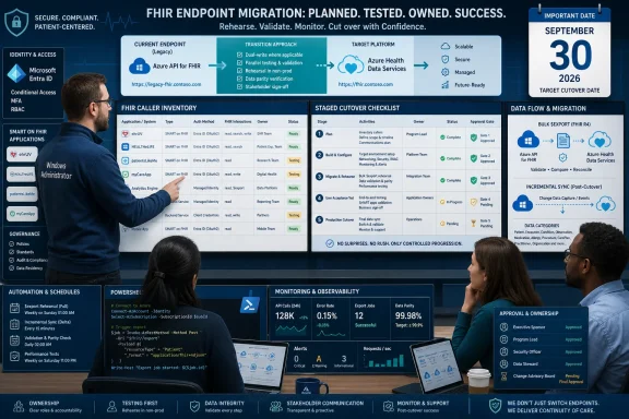 A team reviews a detailed FHIR endpoint migration plan, cutover checklist, data flows, and monitoring dashboards. A team reviews a detailed FHIR endpoint migration plan, cutover checklist, data flows, and monitoring dashboards.