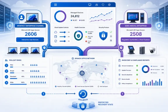 Enterprise dashboard comparing Microsoft 365 monthly and semi-annual update channels, compliance, devices, and rollback. Enterprise dashboard comparing Microsoft 365 monthly and semi-annual update channels, compliance, devices, and rollback.