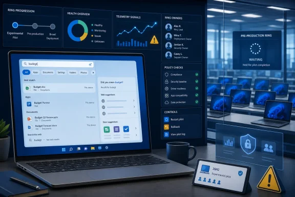 Futuristic Windows pilot dashboard showing ring progression, health metrics, policy checks, and a laptop search screen. Futuristic Windows pilot dashboard showing ring progression, health metrics, policy checks, and a laptop search screen.