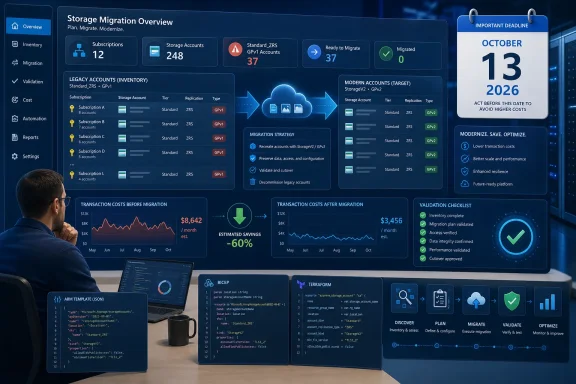 A cloud storage migration dashboard shows legacy-to-modern account conversion, cost savings, and an October 13, 2026 deadline. A cloud storage migration dashboard shows legacy-to-modern account conversion, cost savings, and an October 13, 2026 deadline.