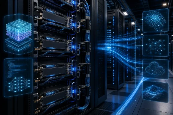 Futuristic data center with glowing servers, blue network streams, and digital cloud and AI graphics. Futuristic data center with glowing servers, blue network streams, and digital cloud and AI graphics.