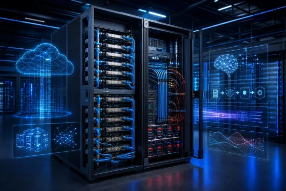 Futuristic server rack with blue cooling pipes, glowing data graphics, and AI-themed digital displays. Futuristic server rack with blue cooling pipes, glowing data graphics, and AI-themed digital displays.