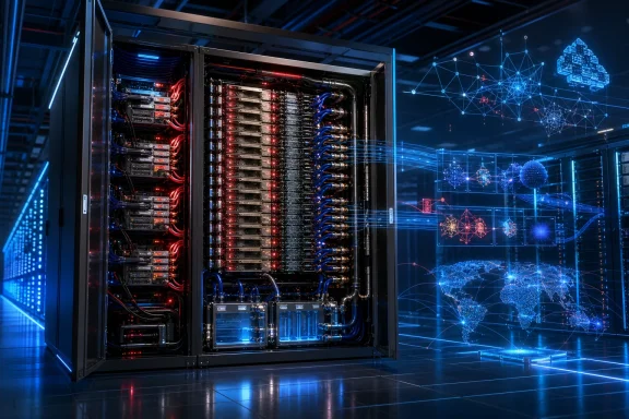 High-performance server racks glow in a futuristic data center with digital network graphics. High-performance server racks glow in a futuristic data center with digital network graphics.
