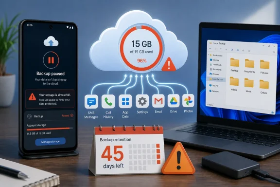Phone and cloud warn that backup is paused with storage 96% full, while a laptop shows local backup files. Phone and cloud warn that backup is paused with storage 96% full, while a laptop shows local backup files.