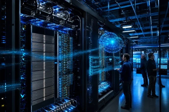 Technicians inspect blue-lit server racks in a futuristic data center with digital network graphics. Technicians inspect blue-lit server racks in a futuristic data center with digital network graphics.
