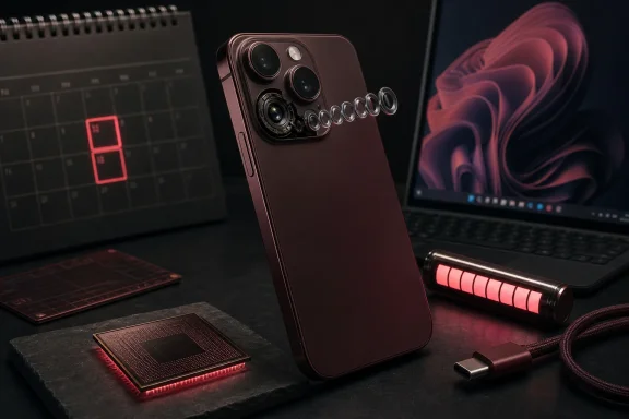 A sleek burgundy smartphone with multiple cameras stands among a laptop, calendar, glowing chip, and USB-C cable.