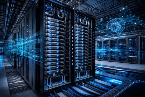 Blue-lit data center filled with server racks, cables, and a glowing digital network visualization. Blue-lit data center filled with server racks, cables, and a glowing digital network visualization.