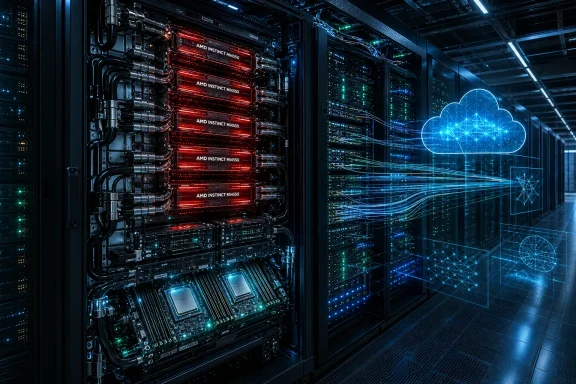 A futuristic data center rack with AMD GPUs, liquid cooling, and glowing cloud-computing graphics. A futuristic data center rack with AMD GPUs, liquid cooling, and glowing cloud-computing graphics.