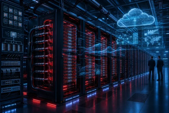 A futuristic data center glows with red server racks, blue holographic displays, and two engineers. A futuristic data center glows with red server racks, blue holographic displays, and two engineers.