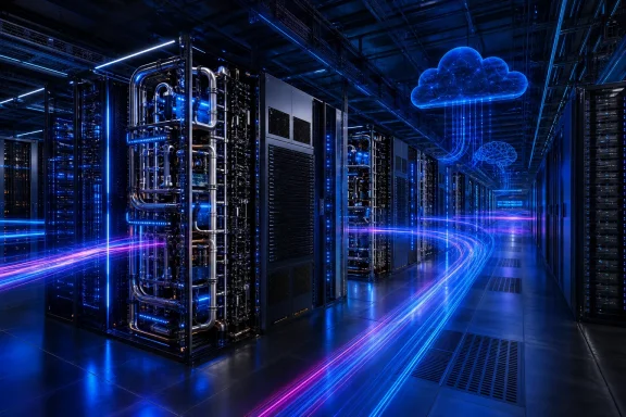 Futuristic blue-lit data center with server racks, cooling pipes, and glowing digital cloud and brain icons. Futuristic blue-lit data center with server racks, cooling pipes, and glowing digital cloud and brain icons.