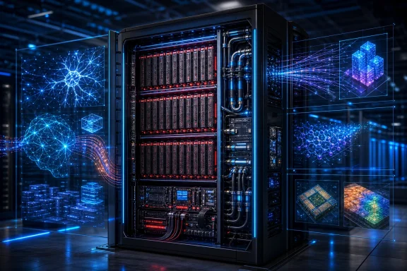 Futuristic server rack with glowing red hardware, coolant pipes, and holographic data visualizations. Futuristic server rack with glowing red hardware, coolant pipes, and holographic data visualizations.