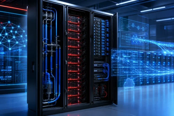 Futuristic data center racks glow red and blue amid cooling pipes and holographic network displays. Futuristic data center racks glow red and blue amid cooling pipes and holographic network displays.