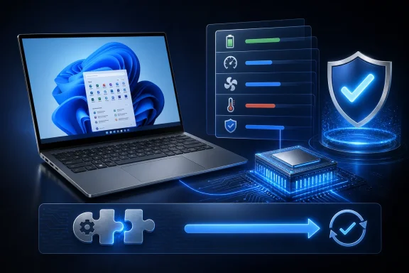 Laptop with performance metrics, processor, and shield symbolizes optimized and secure computer maintenance. Laptop with performance metrics, processor, and shield symbolizes optimized and secure computer maintenance.
