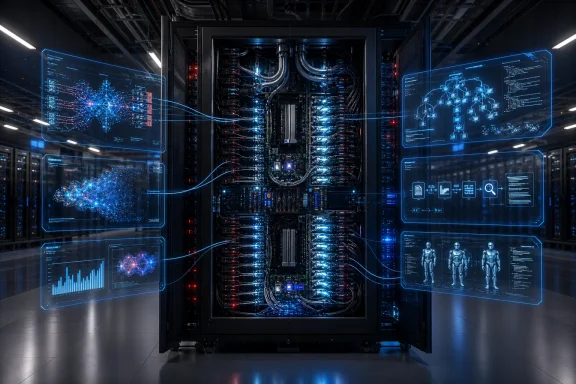A high-tech server rack glows amid holographic data visualizations in a futuristic data center. A high-tech server rack glows amid holographic data visualizations in a futuristic data center.