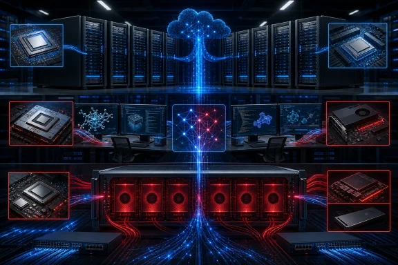 Futuristic data center with glowing servers, AI cloud networking, processors, and red-blue fiber connections. Futuristic data center with glowing servers, AI cloud networking, processors, and red-blue fiber connections.