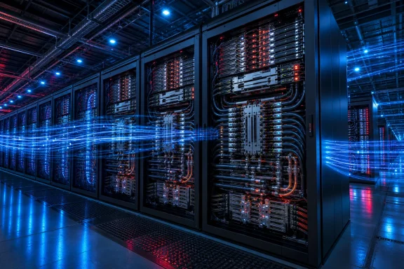 High-tech data center racks glow with blue and red lights as digital streams flow through the server hall. High-tech data center racks glow with blue and red lights as digital streams flow through the server hall.