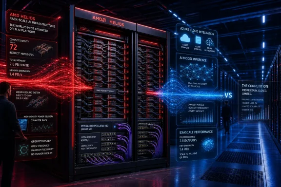 AMD Helios AI server racks glow red and blue, highlighting Azure integration, exascale performance, and open infrastructure. AMD Helios AI server racks glow red and blue, highlighting Azure integration, exascale performance, and open infrastructure.