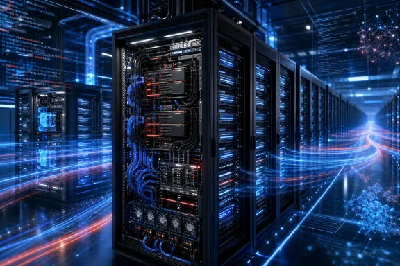 Futuristic data center with glowing server racks, cables, code overlays, and streaming digital light trails. Futuristic data center with glowing server racks, cables, code overlays, and streaming digital light trails.