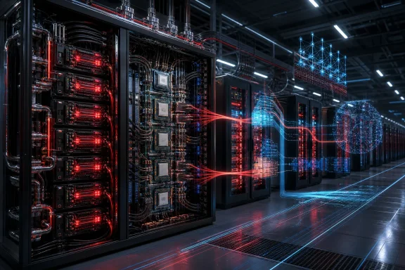 Futuristic data center racks glow red and blue, linked to holographic networks and a digital globe. Futuristic data center racks glow red and blue, linked to holographic networks and a digital globe.
