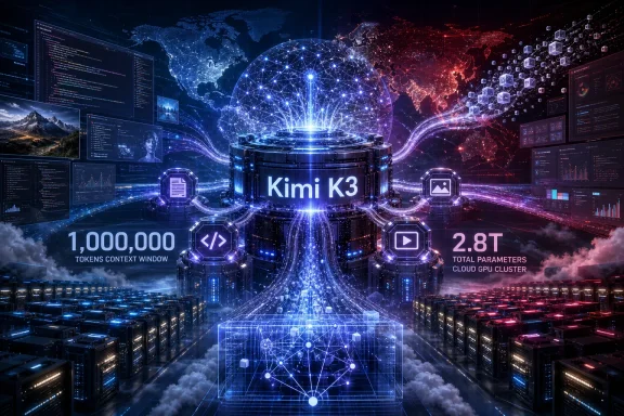 Futuristic Kimi K3 AI supercomputer surrounded by global networks, code screens, and glowing data streams. Futuristic Kimi K3 AI supercomputer surrounded by global networks, code screens, and glowing data streams.
