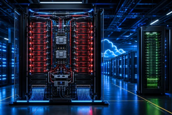 Futuristic data center with glowing red-and-blue servers, liquid cooling tubes, and illuminated server racks. Futuristic data center with glowing red-and-blue servers, liquid cooling tubes, and illuminated server racks.