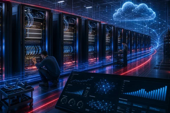 Technicians maintain glowing server racks in a futuristic data center beneath a connected cloud network. Technicians maintain glowing server racks in a futuristic data center beneath a connected cloud network.