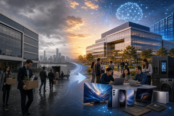 A business district transforms into an AI-powered tech campus with modern devices, data centers, and connected workers. A business district transforms into an AI-powered tech campus with modern devices, data centers, and connected workers.