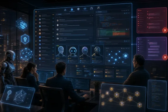 A cybersecurity team and humanoid robot monitor glowing AI dashboards in a futuristic control room. A cybersecurity team and humanoid robot monitor glowing AI dashboards in a futuristic control room.