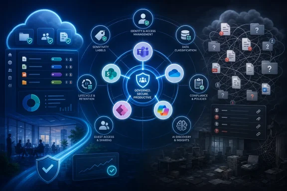 Cybersecurity infographic showing governed cloud collaboration, access controls, compliance, and data protection.