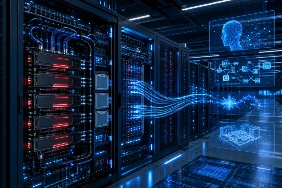 Futuristic data center with glowing servers, liquid cooling, and holographic AI network displays. Futuristic data center with glowing servers, liquid cooling, and holographic AI network displays.