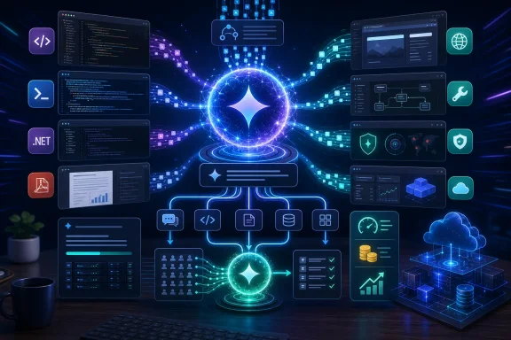 Futuristic AI platform visualized as a glowing central orb connecting code, analytics, security, cloud, and data systems.