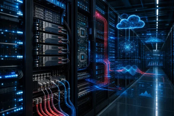 Glowing data center servers with vibrant cables and holographic cloud computing interfaces. Glowing data center servers with vibrant cables and holographic cloud computing interfaces.