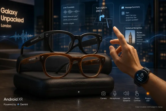 Smart glasses sit on a Samsung case as augmented-reality overlays show translation, navigation, messaging, and landmarks. Smart glasses sit on a Samsung case as augmented-reality overlays show translation, navigation, messaging, and landmarks.