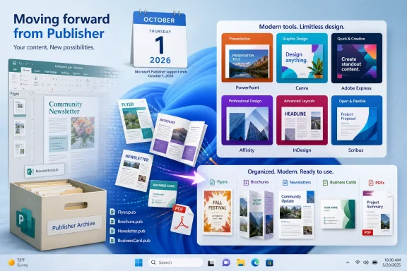 Infographic announces Microsoft Publisher’s 2026 retirement and highlights alternative design tools and file formats.
