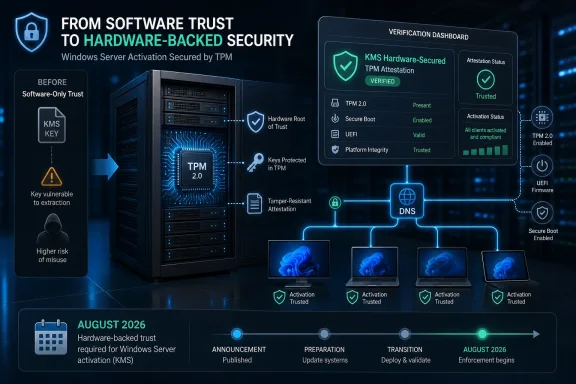 Infographic showing Windows Server activation secured by TPM 2.0, with trusted hardware and client devices.