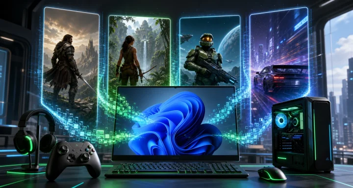 Gaming setup with RGB-lit PC, keyboard, controller, and holographic game screens beside a blue Windows logo.