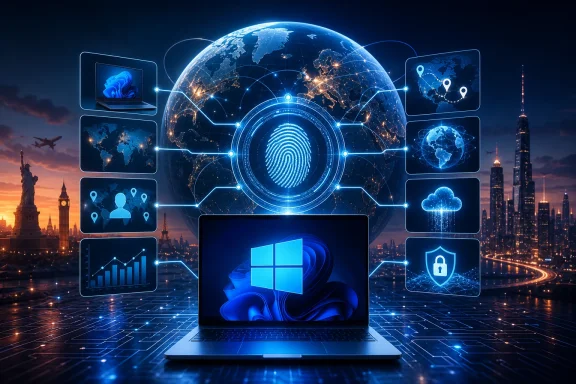 Glowing laptop with Windows icon surrounded by global network, security, and cloud data on a city skyline. Glowing laptop with Windows icon surrounded by global network, security, and cloud data on a city skyline.