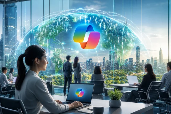 Business team in a modern office overlooking a glowing digital world and tech network icons. Business team in a modern office overlooking a glowing digital world and tech network icons.