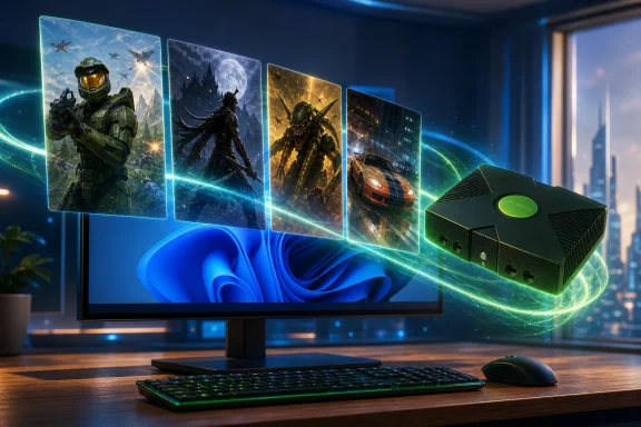 Gaming setup with a monitor showing cyber-themed artwork and a green streaming device beside a keyboard.