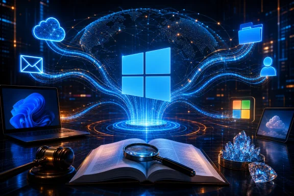 Futuristic Windows cloud computing scene with glowing icons, global network, and an open book under a magnifying glass. Futuristic Windows cloud computing scene with glowing icons, global network, and an open book under a magnifying glass.