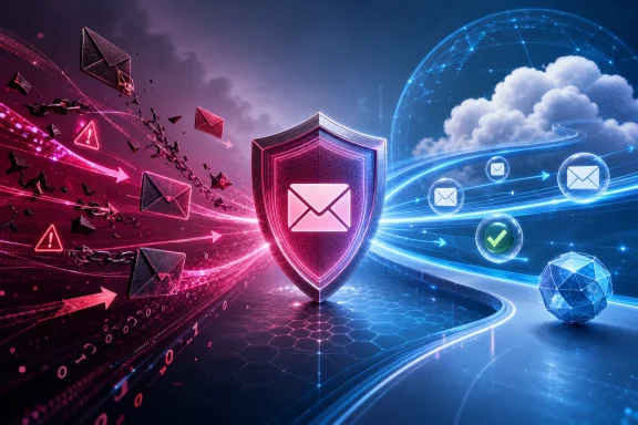 Digital shield protects glowing email icons against red phishing threats across blue network paths.