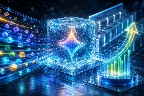Futuristic data cube with glowing lines, holographic icons, and rising tech chart in a blue server-like corridor.