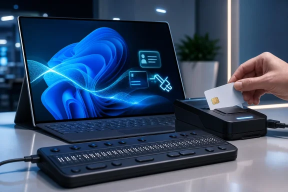 Hand inserting a SIM card into a docking station beside a laptop showing a blue digital interface.