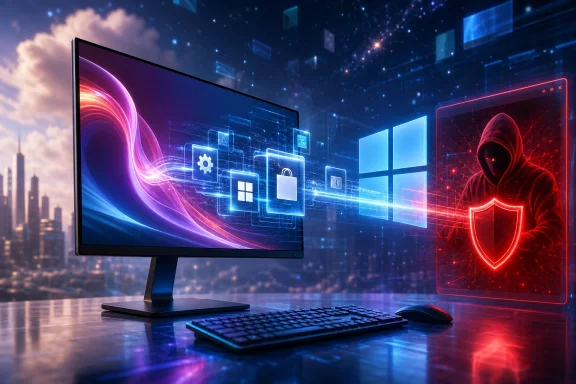 Futuristic dual-screen computer display with Windows icons and a hacker/anti-virus shield in neon blue-red light.