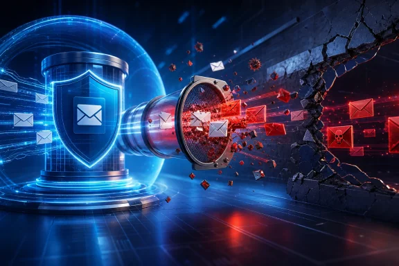 Digital shield and megaphone icons blast an array of email messages, with red alert sparks breaking a cracked wall.