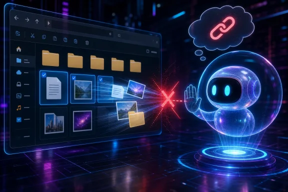 Neon cloud and AI robot illustrate file transfer failure with a red X beside document icons. Neon cloud and AI robot illustrate file transfer failure with a red X beside document icons.