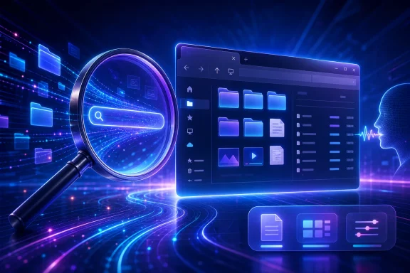 Futuristic cybersecurity interface with a glowing search magnifier over neon data streams and icons.